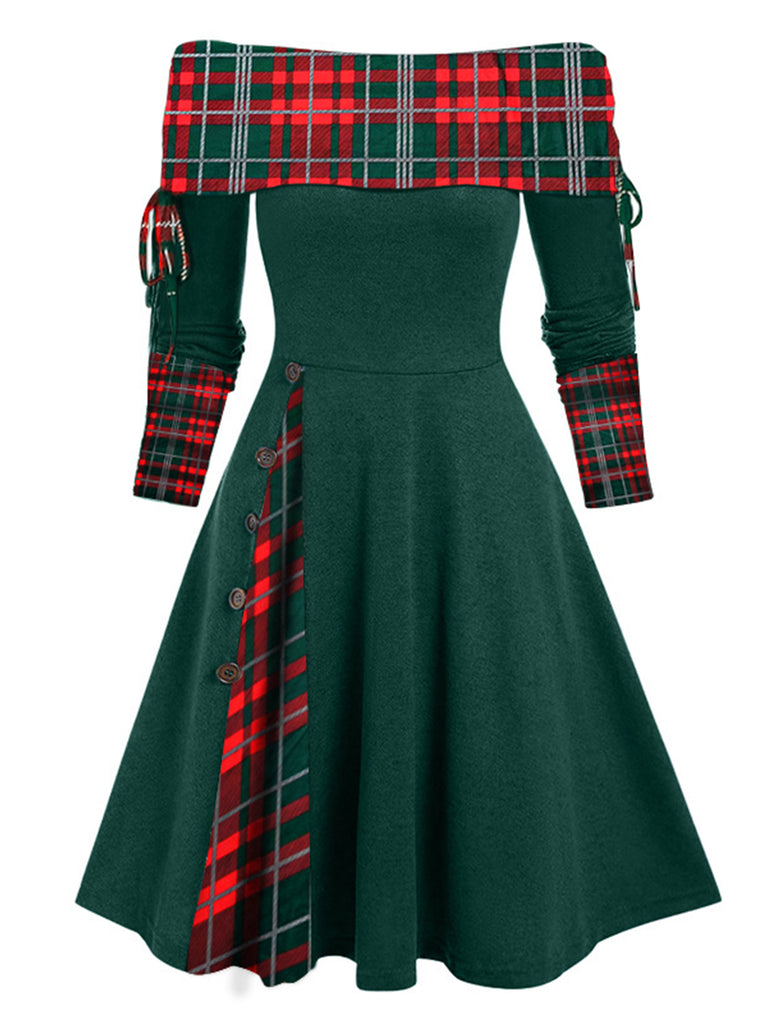 1950s Plaid Patchwork Lace-Up Off-Shoulder Dress