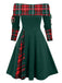 1950s Plaid Patchwork Lace-Up Off-Shoulder Dress