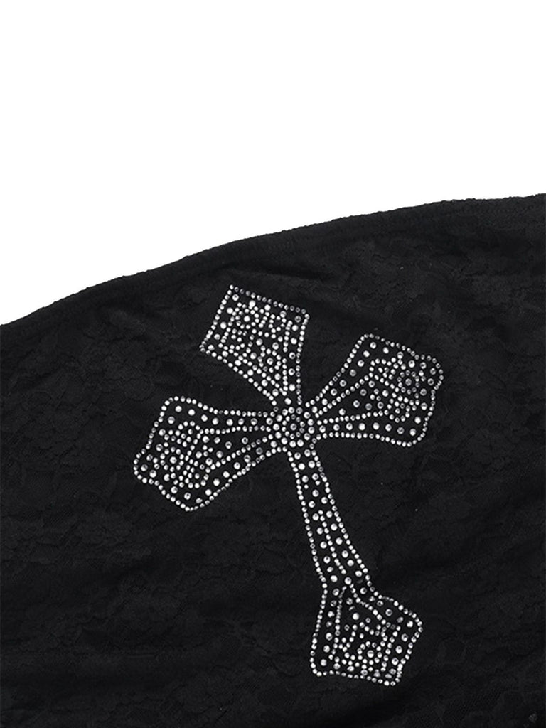 Black 1980s Cross Rhinestone Lace Strapless Tank Top