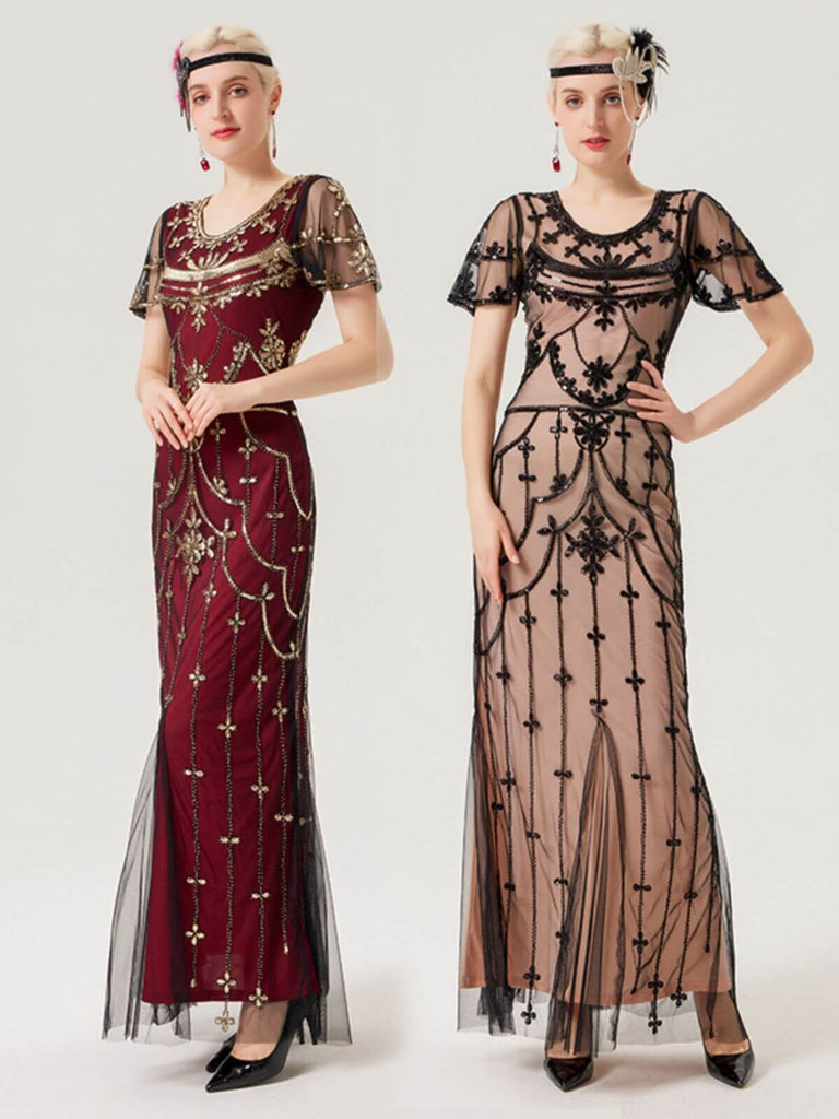 1920s Beaded Mesh Short Sleeve Charleston Dress