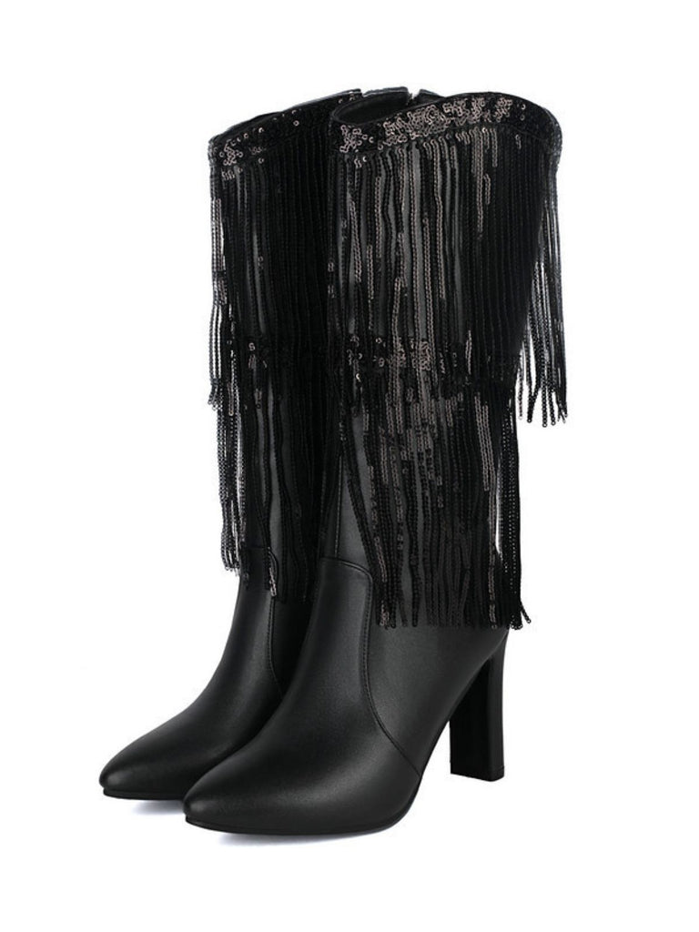 Metallic Pointed-Toe Fringed Disco Ankle Boots
