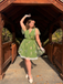 Green 1950s Floral Puff Sleeve Mesh Embroidered Dress