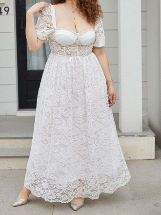 [Plus Size] White 1950s Lace Square Neck Maxi Dress