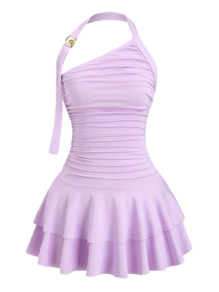 Purple 1960s Backless Ruffle Metal Detail Cake Dress