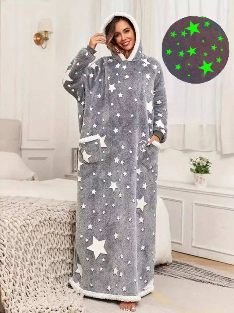 Gray 1970s Glow-In-Dark Star-Print Hooded Fleece Robe