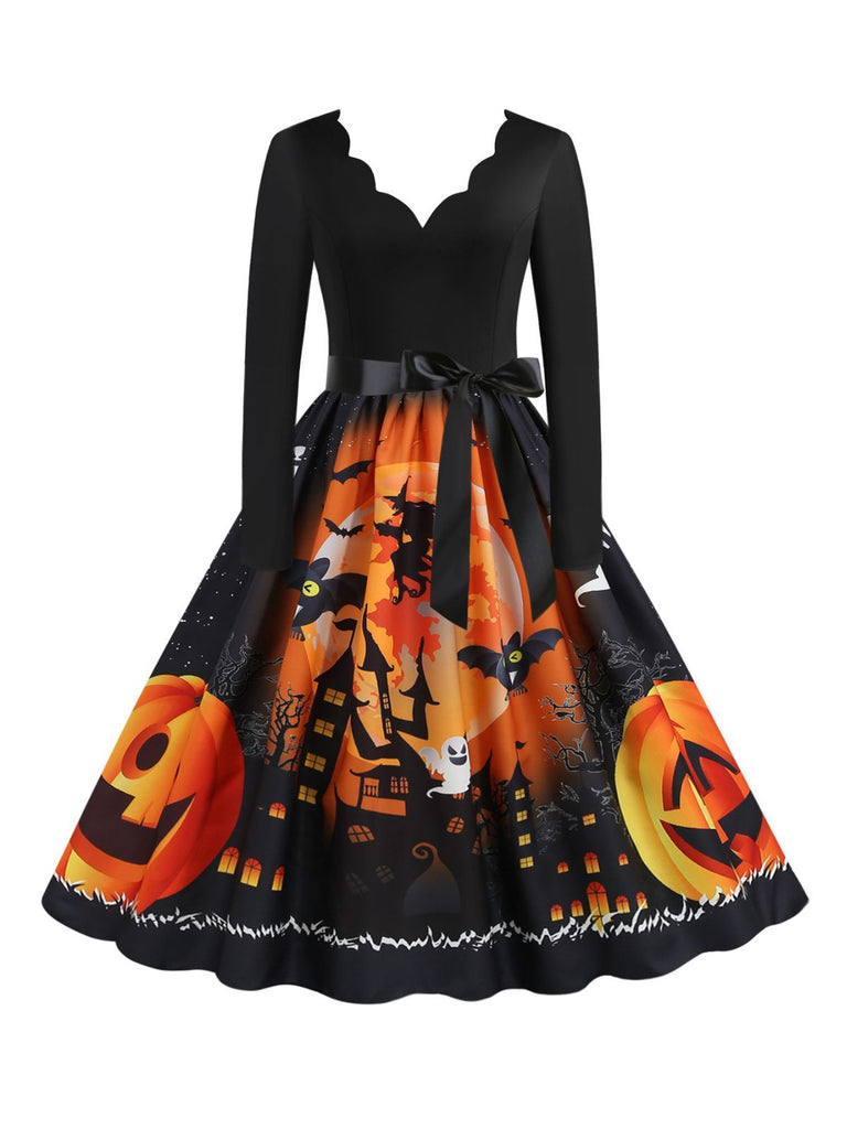 1950s Halloween Pumpkin V-Neck Hepburn Dress