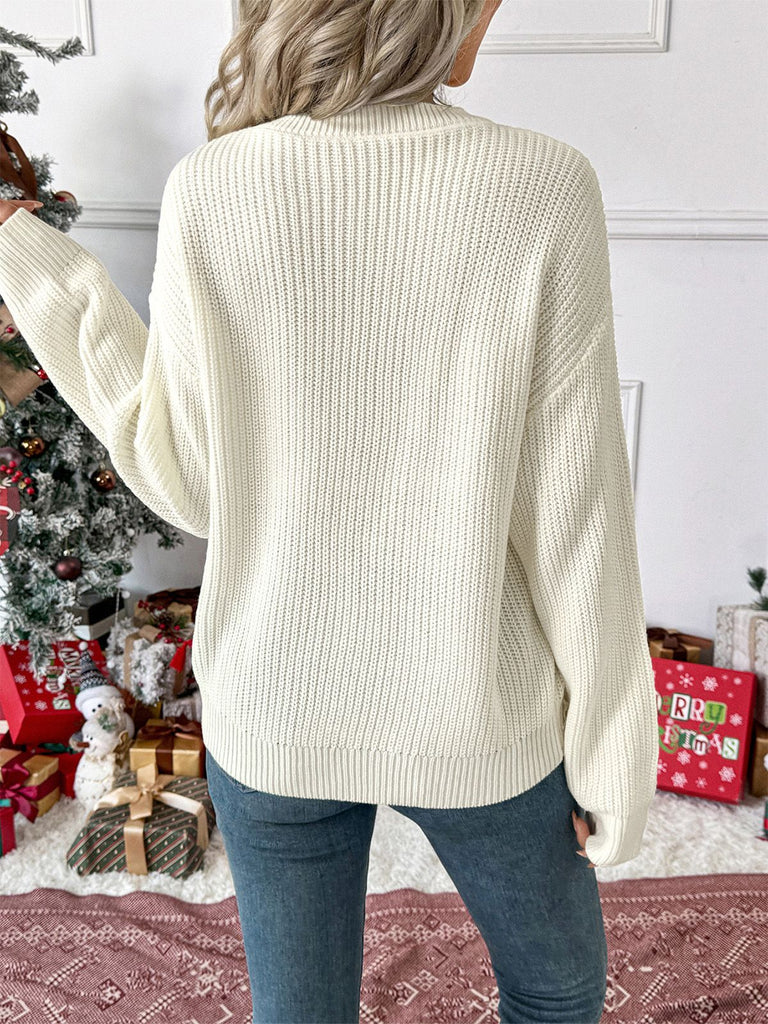 White 1980s Christmas Plaid Bow Round Neck Sweater