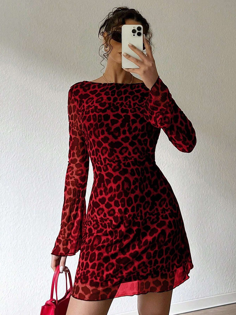 1980s Leopard Sheer Long-Sleeve Backless Dress
