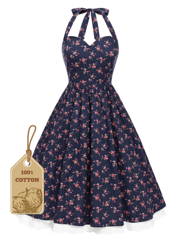 Blue 1950s Halter Lace Pure Cotton Floral Dress