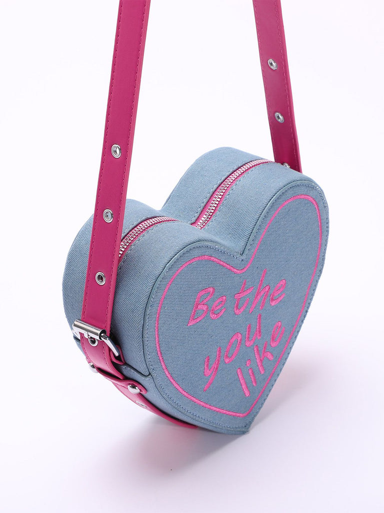 Vintage Denim Letter Embroidered Sling Heart Bag