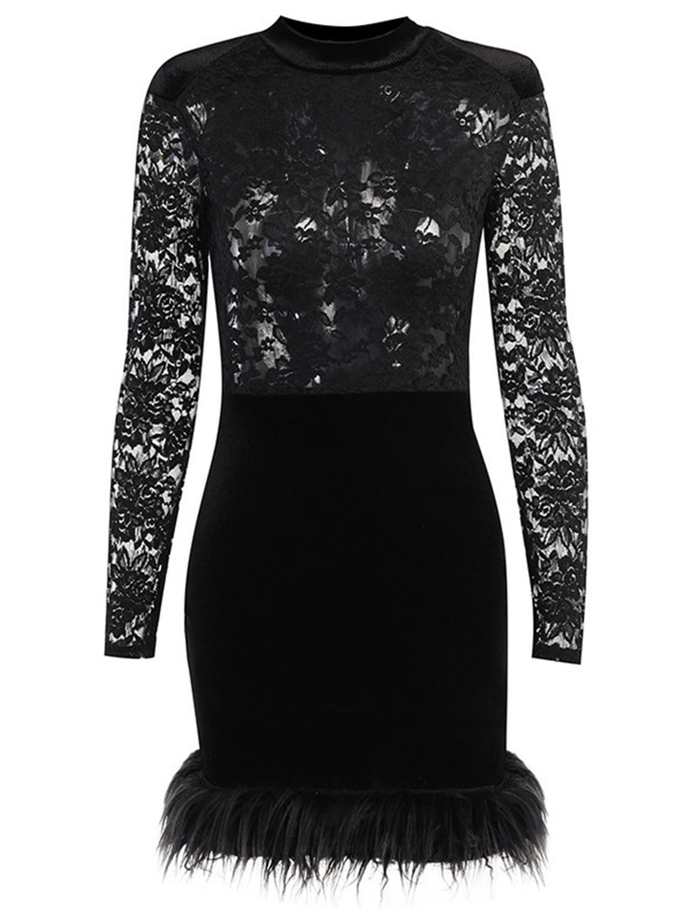 Black 1960s Lace Feather Hem Velvet Bodycon Dress
