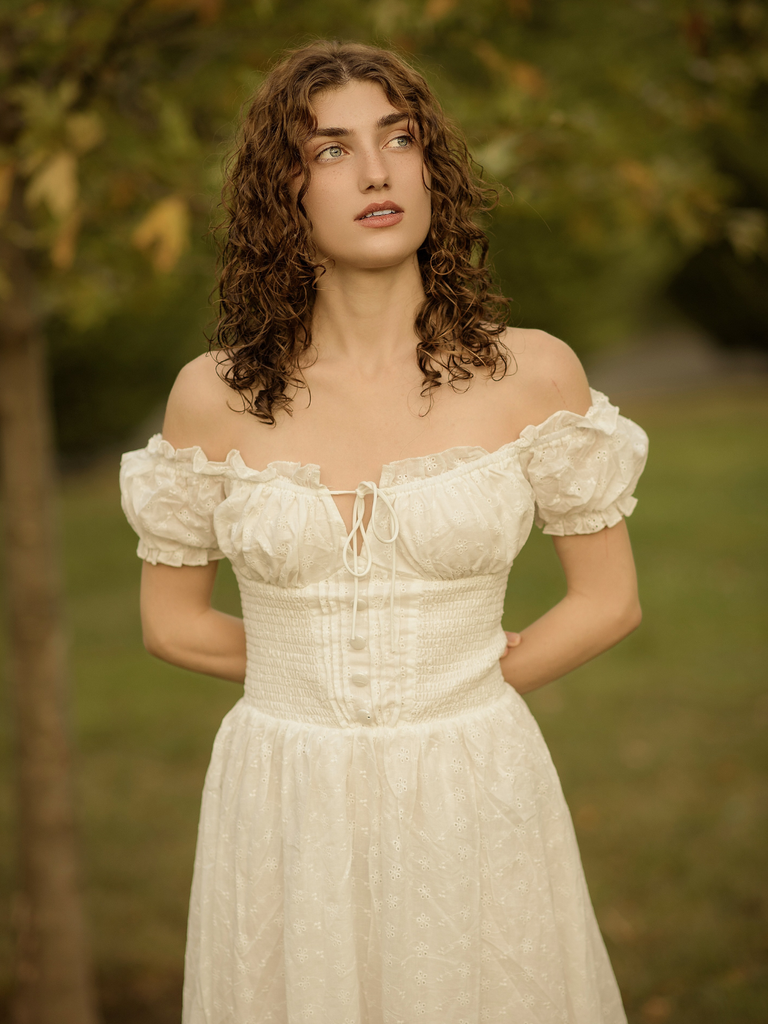 White 1940s Solid Cotton Embroidered Lace Dress