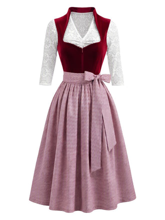 Burgundy 1950s Velvet Sweetheart Neck Dress & Apron & White Top