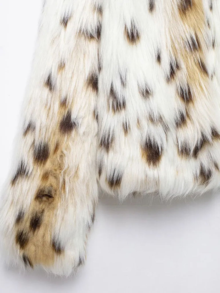 White 1980s Reindeer Print Faux Fur Jacket