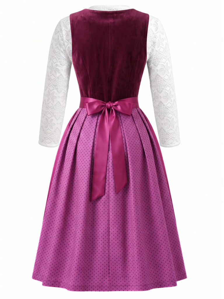 Plum 1950s Square Neck Velvet Polka Dot Dress & Apron & Lace Top