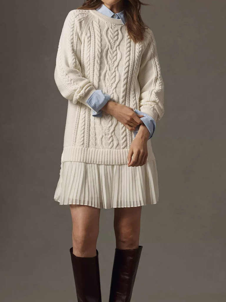 1940s Solid Cable Knit Pleated Hem Sweater Dress
