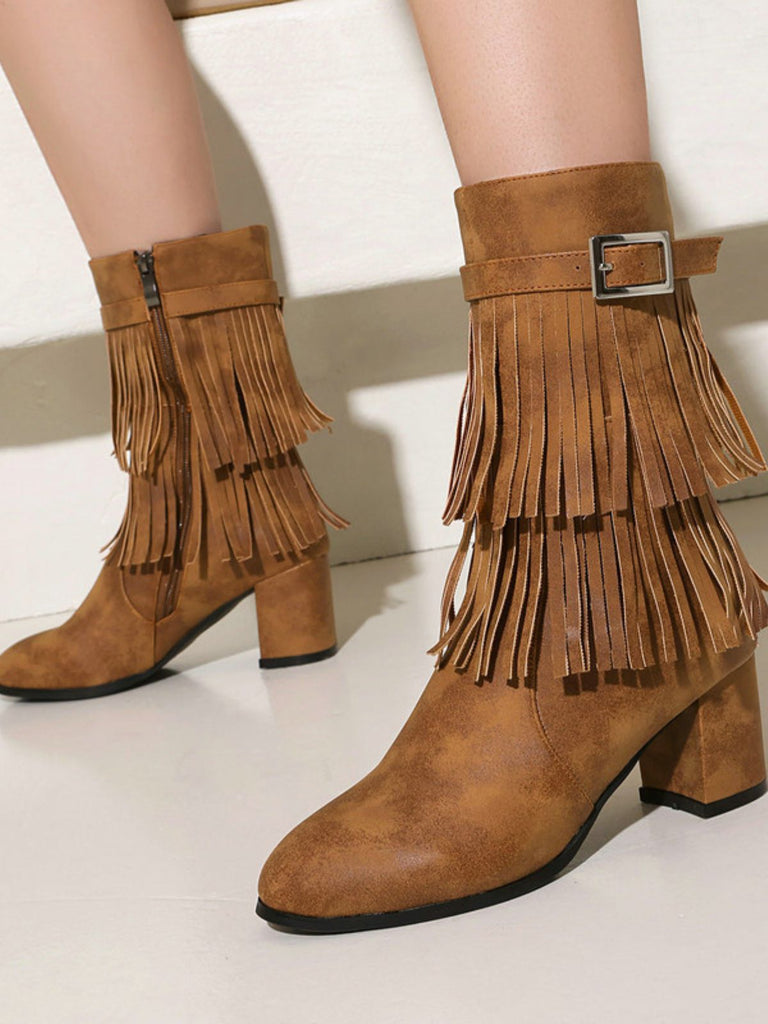Vintage Solid Fringe Suede Chunky High Heel Boots