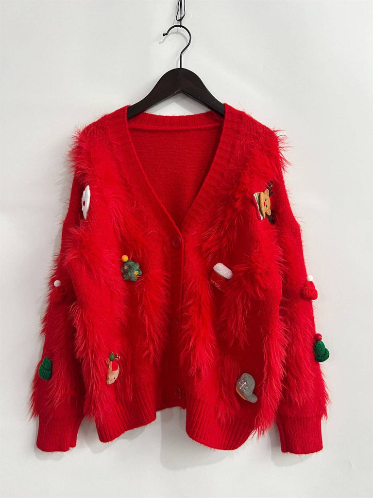 1970s 3D Christams Print Fluffy Knit Button Cardigan
