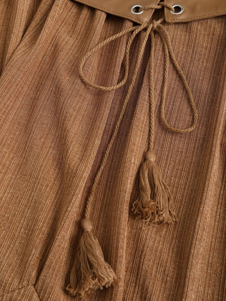 [Plus Size] 1970s Boho Tie Tassel Hem Ruffle Ribbed Dress