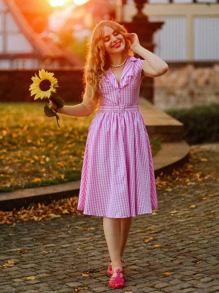 Pink 1940s Gingham Lapel V-Neck Belted Swing Dress