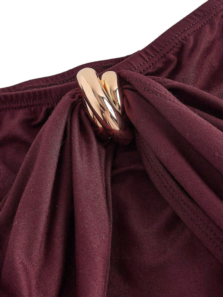 Burgundy 1940s Off-Shoulder Long Sleeve Pleated Dress
