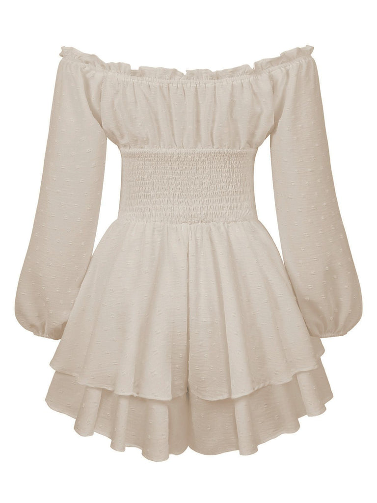 1950s Solid Off-Shoulder Long-Sleeve Smocked Mini Dress