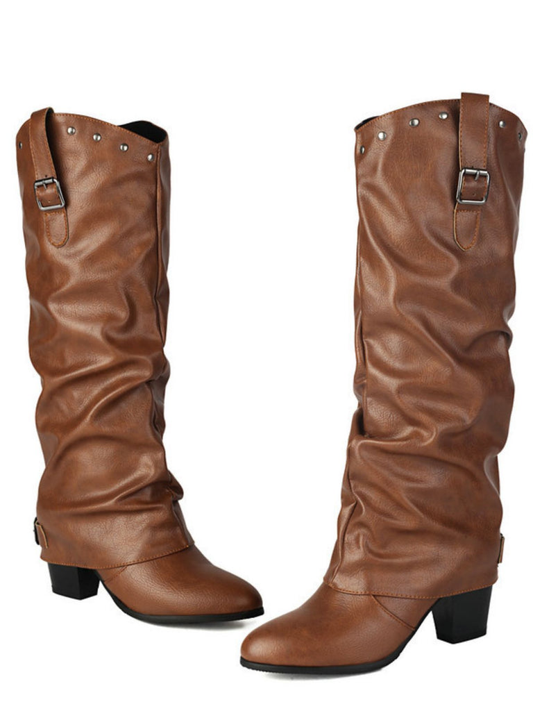 Vintage Studded Buckle Mid-Calf Boots