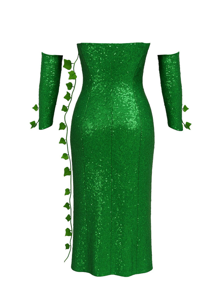 Green 1970s Multi-Leaf Headband & Sequin Dress Set