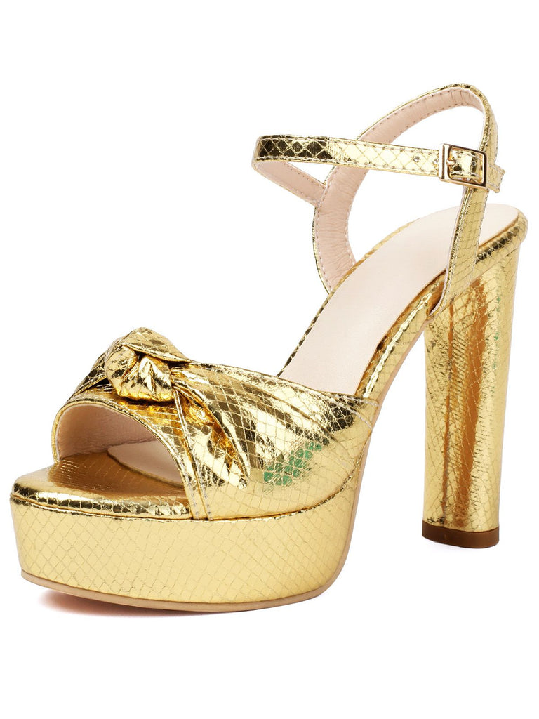 Metallic Snake Print Chunky High Heel Sandals