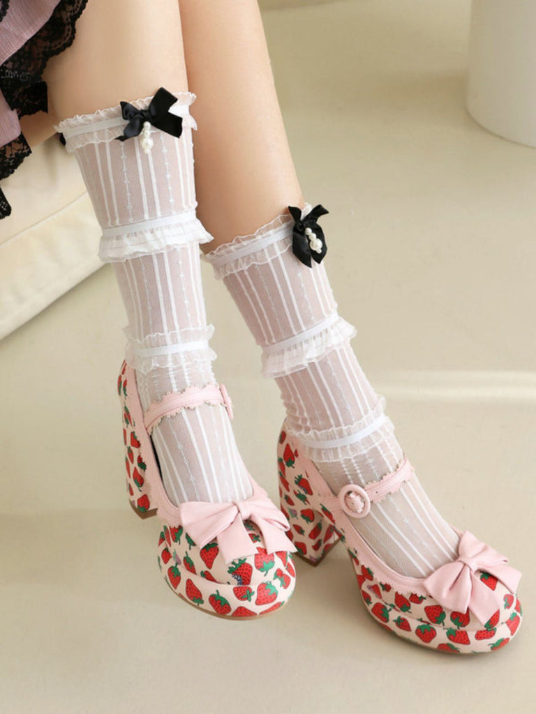 Retro Leather Strawberry Bow Chunky Heels