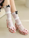 Retro Leather Strawberry Bow Chunky Heels