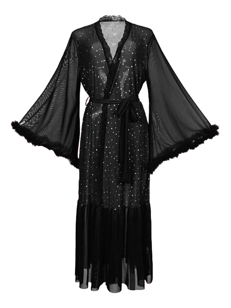 Black 1970s Sheer Glitter Mesh Belted Robes