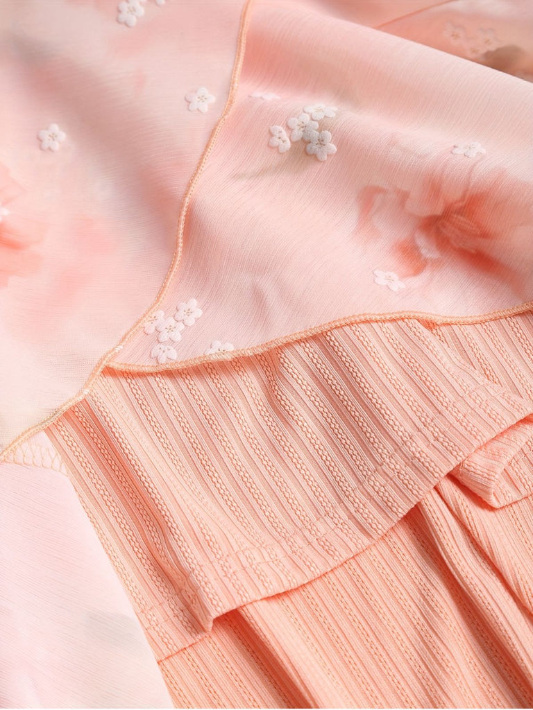 [Plus Size] Pink 1970s Floral Ruffled Irregular Hem Dress
