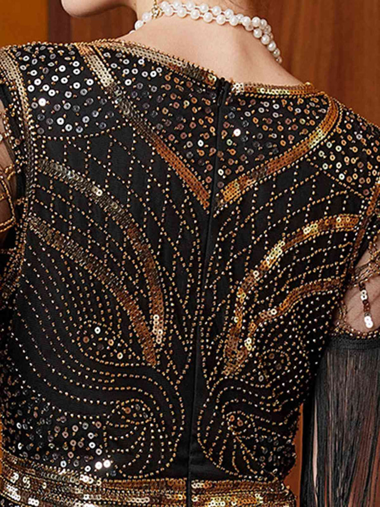 Gold 1920s Sequin Tassel V-Neck Maxi Dress