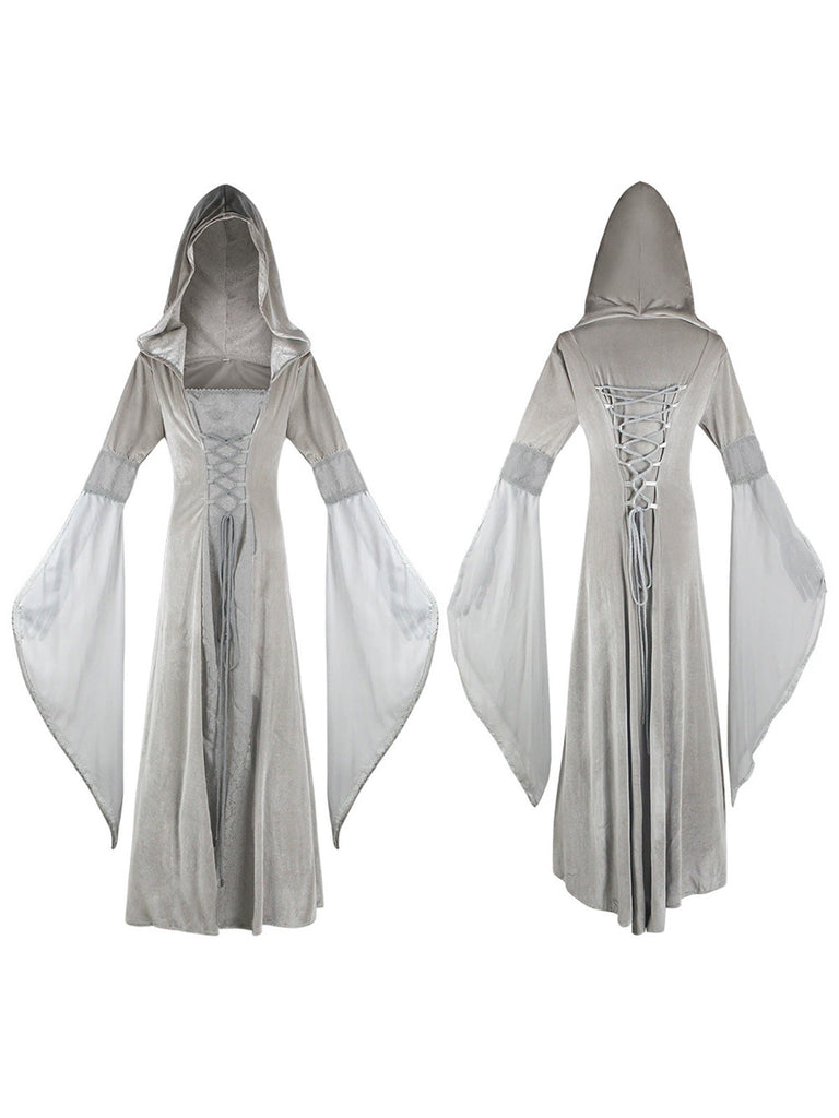 1980s Velvet Medieval Lace-Up Hooded Dress
