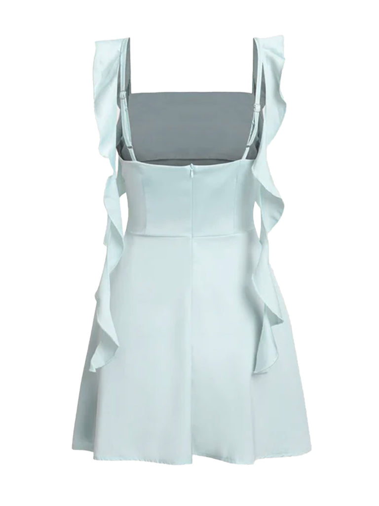 1980s Solid Ruffled Strap Square Neck Dress