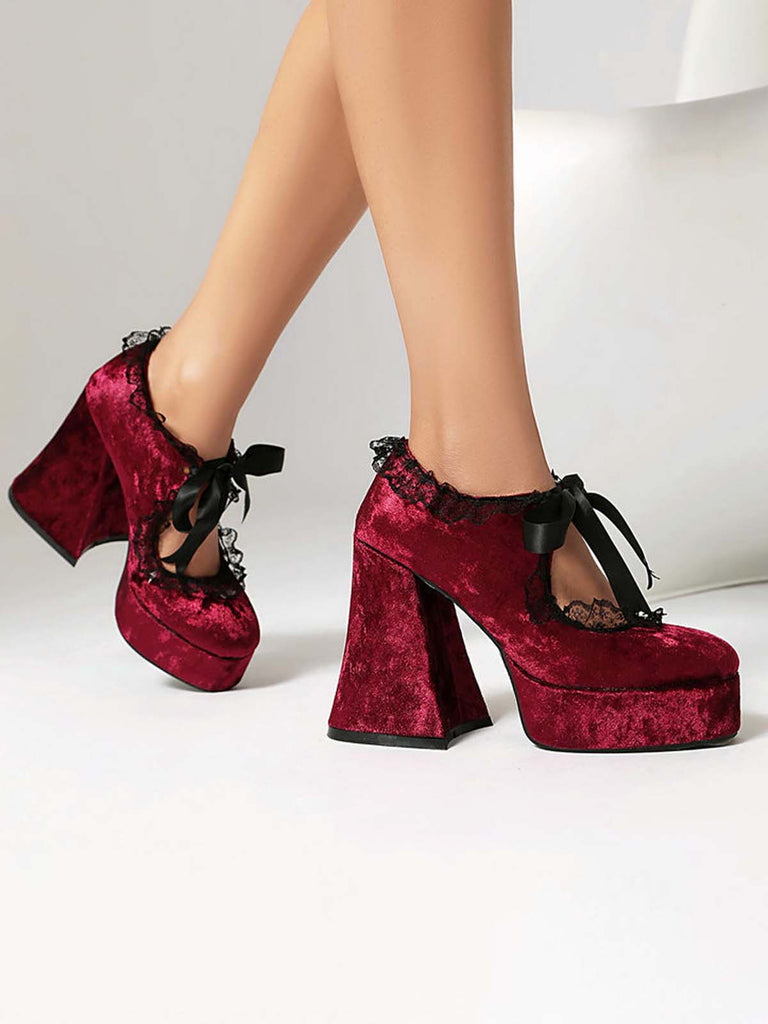 Punk Velvet Lace Bow Chunky Heels