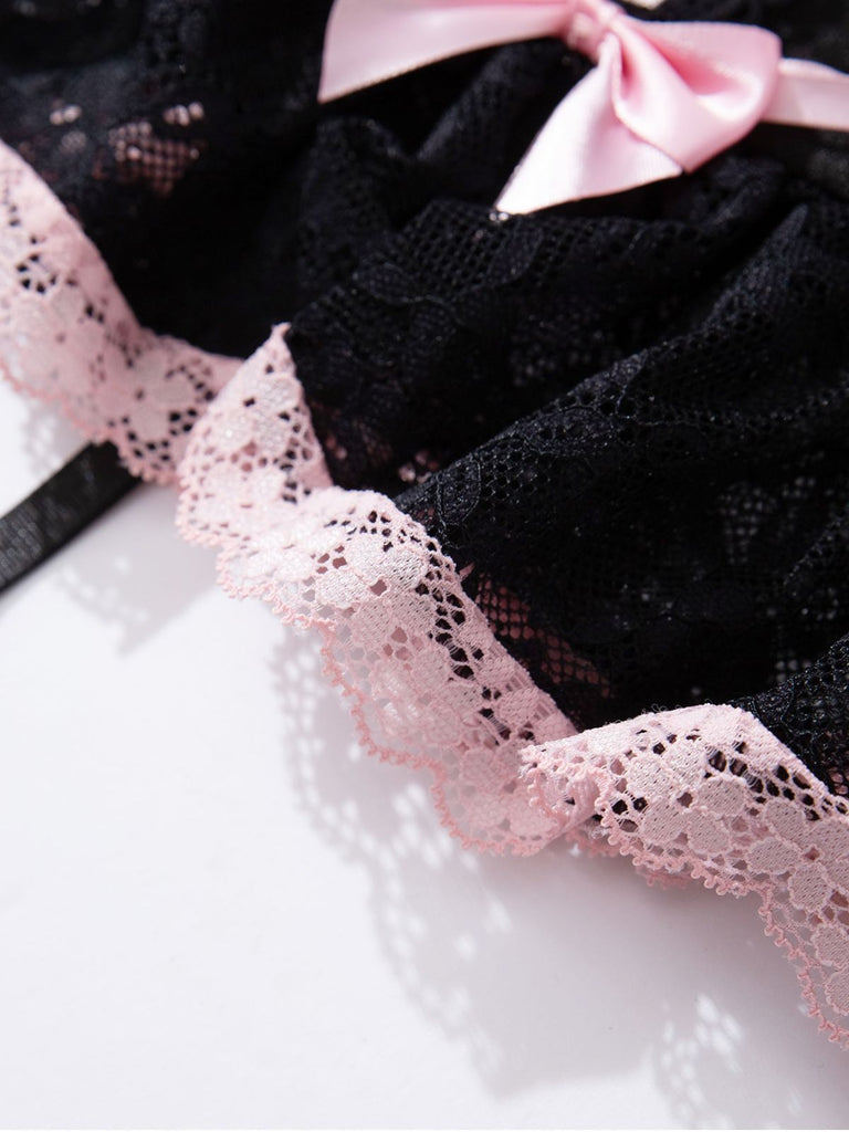 1970s Contrasted Lace Mesh Bow Lace-Up Lingerie Set