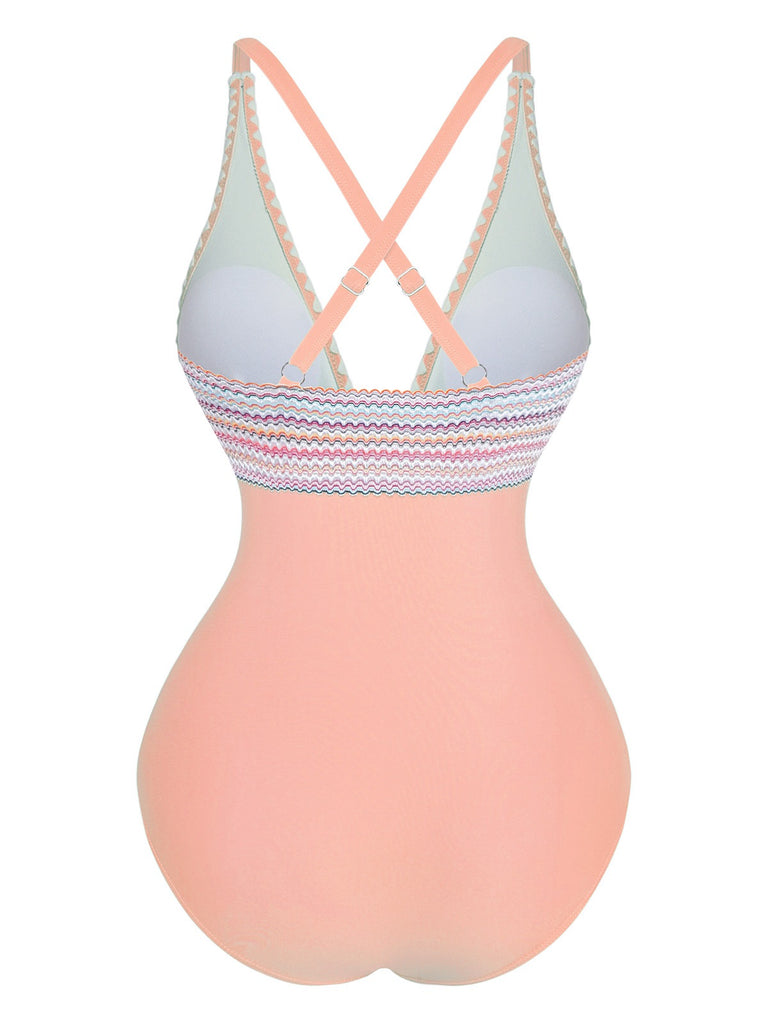 1940s Deep V-Neck Wavy Patchwork One-Piece Swimsuit