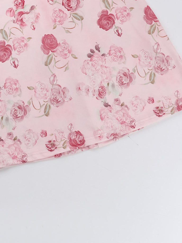 Pink 1960s Spaghetti Strap Roses Nightgown