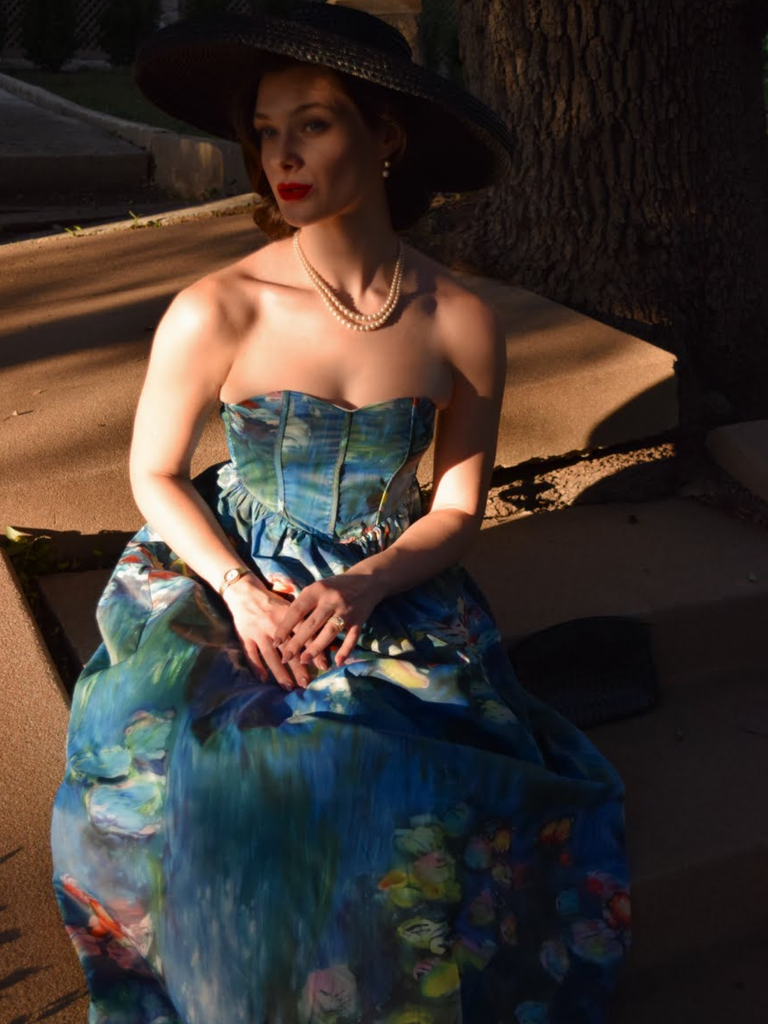 Blue 1950s Water Lily Sweetheart Strapless Dress