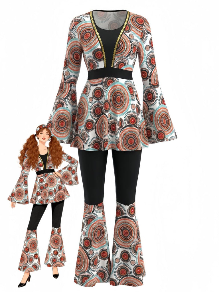 2PCS 1970s Hippie Bell Sleeve Top & Flare Pants