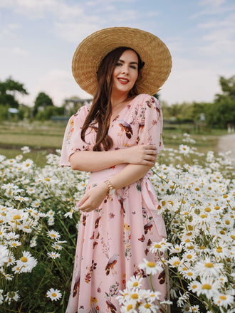 Pink Flowers And Birds Bowknot V-Neck Dress