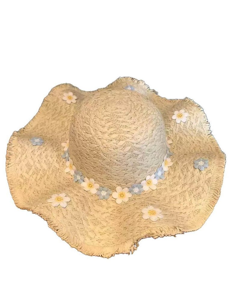 Vintage 3D Daisy Raffia Fringe Brim Sun Hat