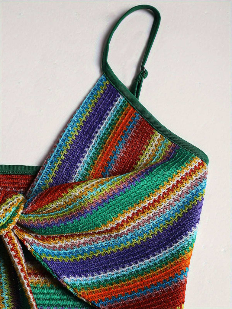 1970s Strap Colorful Stripes Lace-Up Boho Dress