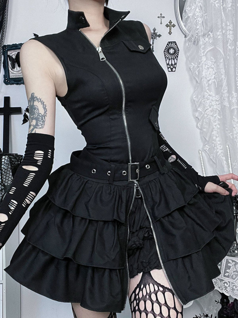 Black 1980s Steampunk Solid Zipper Belted Dress