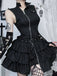 Black 1980s Steampunk Solid Zipper Belted Dress