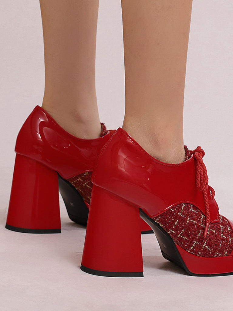 Mary Jane Plaid Square Toe Block Heel Shoes