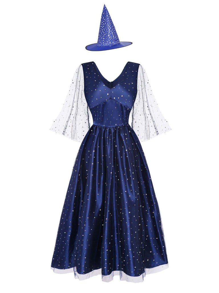 Blue 1970s Halloween Starry Witch Tulle Costume Dress