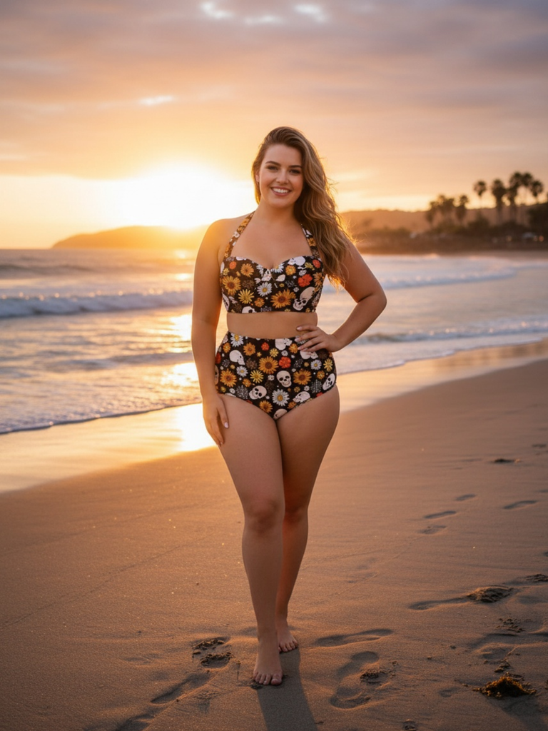 [Plus Size] Black 1950s Floral Print Lace-Up Halter Swimsuit